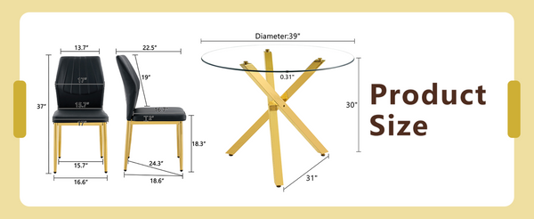 English Elm Table and Chair Set Round Tempered Glass Top Gold Base with 4 Black Pu Seats W1151S04417