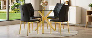 English Elm Table and Chair Set Round Tempered Glass Top Gold Base with 4 Black Pu Seats W1151S04417