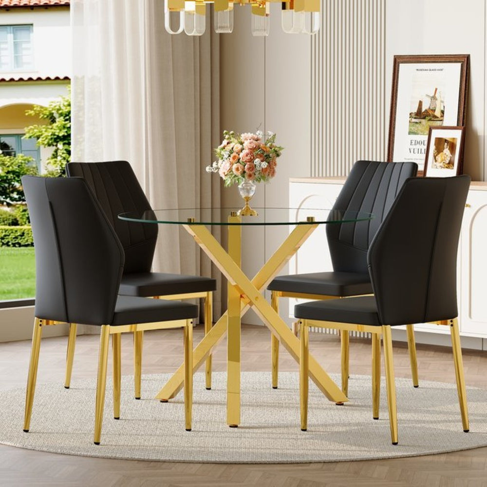 English Elm Table and Chair Set Round Tempered Glass Top Gold Base with 4 Black Pu Seats W1151S04417