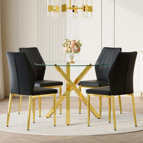 English Elm Table and Chair Set Round Tempered Glass Top Gold Base with 4 Black Pu Seats W1151S04417