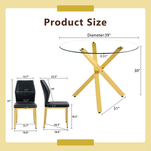 English Elm Table and Chair Set Round Tempered Glass Top Gold Base with 4 Black Pu Seats W1151S04417