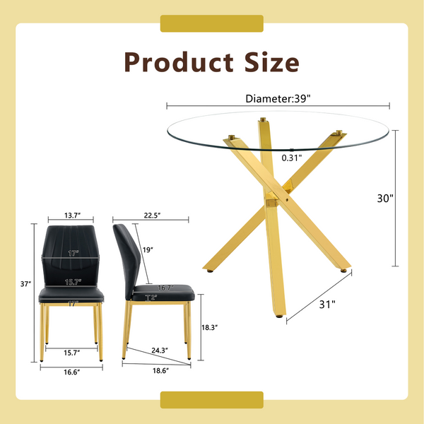 English Elm Table and Chair Set Round Tempered Glass Top Gold Base with 4 Black Pu Seats W1151S04417