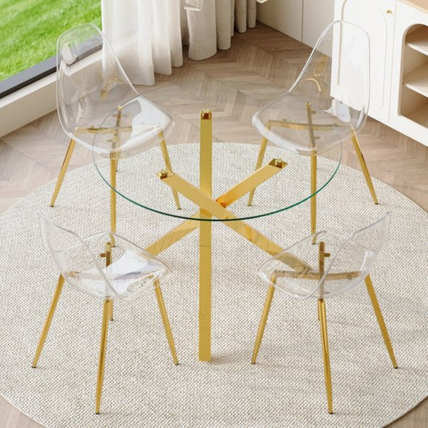 English Elm Table and Chair Set Round Glass Top with Gold X Base Seats Four for Compact Dining W1151S04420