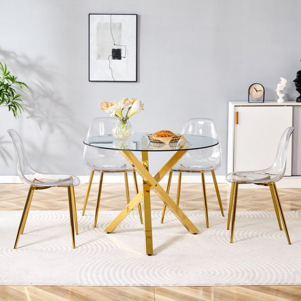 English Elm Table and Chair Set Round Glass Top with Gold X Base Seats Four for Compact Dining W1151S04420