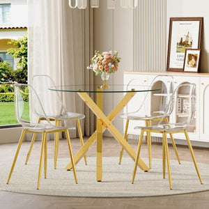 English Elm Table and Chair Set Round Glass Top with Gold X Base Seats Four for Compact Dining W1151S04420