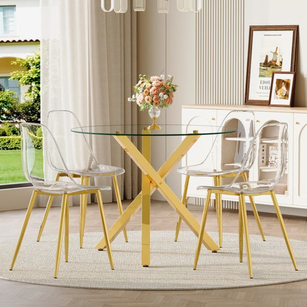 English Elm Table and Chair Set Round Glass Top with Gold X Base Seats Four for Compact Dining W1151S04420