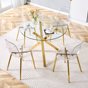 English Elm Table and Chair Set Round Glass Top with Gold X Base Seats Four for Compact Dining W1151S04420