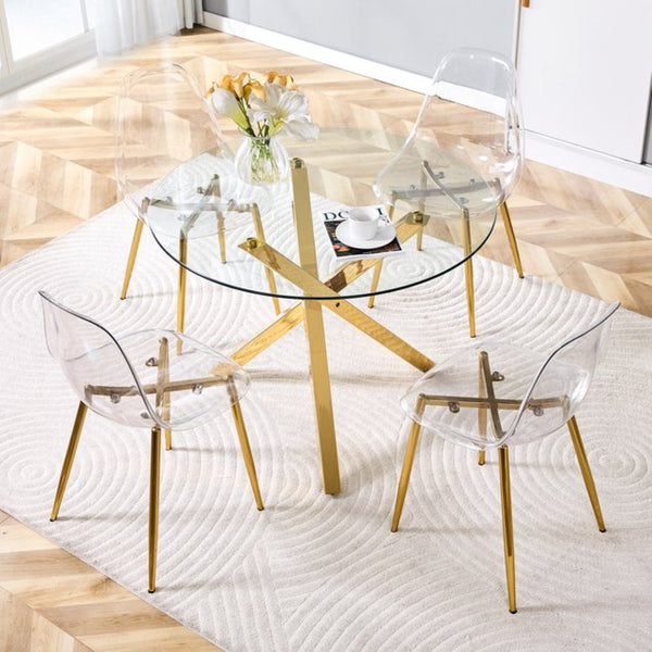 English Elm Table and Chair Set Round Glass Top with Gold X Base Seats Four for Compact Dining W1151S04420