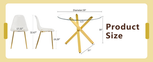 English Elm Table and Chair Set Round Glass Top with Gold X Base Seats Four for Compact Dining W1151S04420