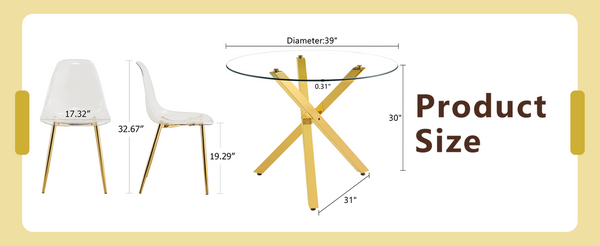 English Elm Table and Chair Set Round Glass Top with Gold X Base Seats Four for Compact Dining W1151S04420