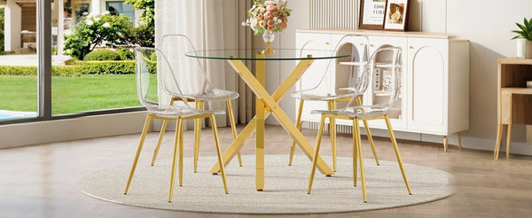 English Elm Table and Chair Set Round Glass Top with Gold X Base Seats Four for Compact Dining W1151S04420