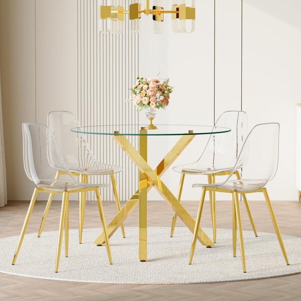 English Elm Table and Chair Set Round Glass Top with Gold X Base Seats Four for Compact Dining W1151S04420