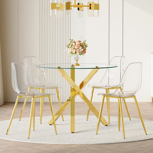 English Elm Table and Chair Set Round Glass Top with Gold X Base Seats Four for Compact Dining W1151S04420