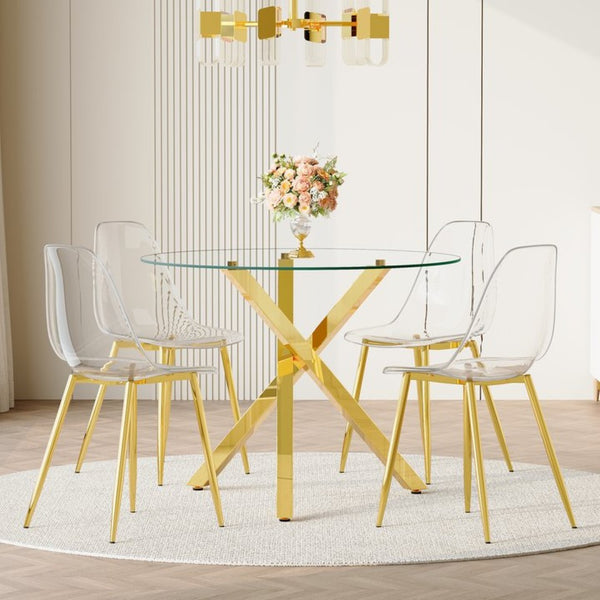 English Elm Table and Chair Set Round Glass Top with Gold X Base Seats Four for Compact Dining W1151S04420