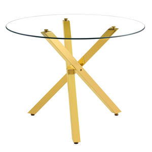 English Elm Table and Chair Set Round Glass Top with Gold X Base Seats Four for Compact Dining W1151S04420