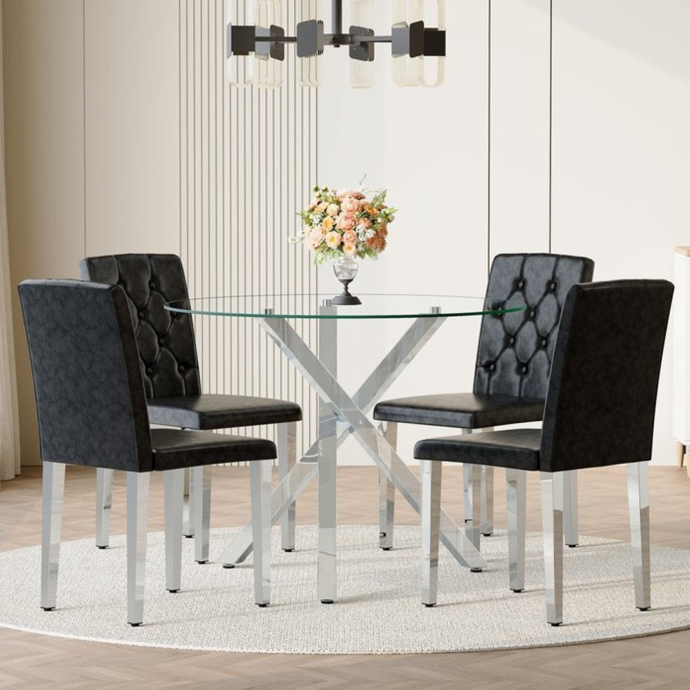 English Elm Table Set Round Tempered Glass Top with X Base and Four Pu Leather Dining Chairs W1151S04421