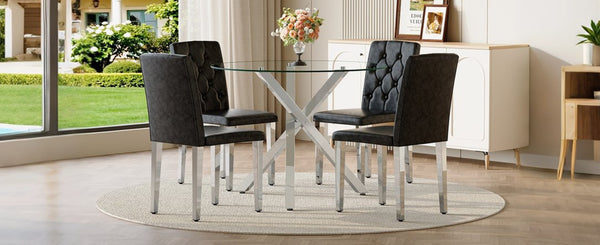 English Elm Table Set Round Tempered Glass Top with X Base and Four Pu Leather Dining Chairs W1151S04421
