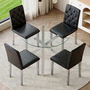 English Elm Table Set Round Tempered Glass Top with X Base and Four Pu Leather Dining Chairs W1151S04421