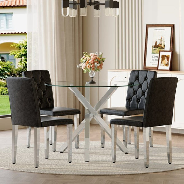 English Elm Table Set Round Tempered Glass Top with X Base and Four Pu Leather Dining Chairs W1151S04421