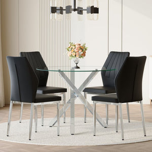 English Elm Table and Chair Set Round Glass Top X Base with Four Ergonomic Pu Seats for Modern Dining Black+Silver, Transparent W1151S04423