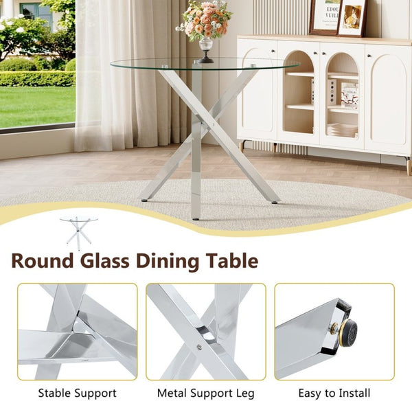 English Elm Table and Chair Set Round Glass Top X Base with Four Ergonomic Pu Seats for Modern Dining Black+Silver, Transparent W1151S04423