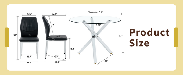 English Elm Table and Chair Set Round Glass Top X Base with Four Ergonomic Pu Seats for Modern Dining Black+Silver, Transparent W1151S04423