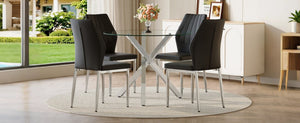 English Elm Table and Chair Set Round Glass Top X Base with Four Ergonomic Pu Seats for Modern Dining Black+Silver, Transparent W1151S04423