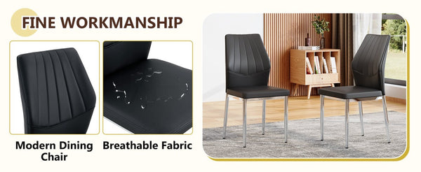 English Elm Table and Chair Set Round Glass Top X Base with Four Ergonomic Pu Seats for Modern Dining Black+Silver, Transparent W1151S04423