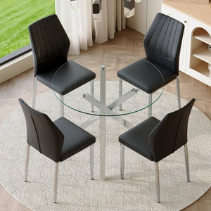 English Elm Table and Chair Set Round Glass Top X Base with Four Ergonomic Pu Seats for Modern Dining Black+Silver, Transparent W1151S04423