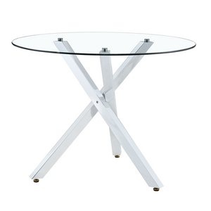 English Elm Table and Chair Set Round Glass Top X Base with Four Ergonomic Pu Seats for Modern Dining Black+Silver, Transparent W1151S04423