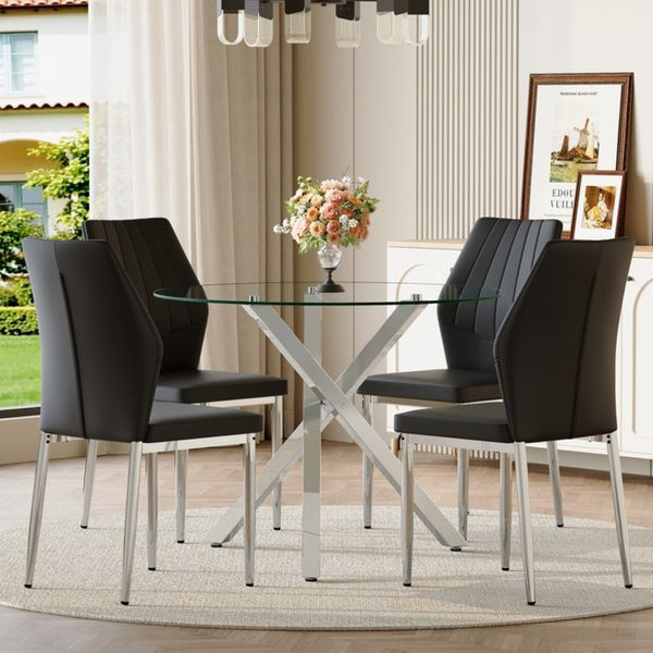 English Elm Table and Chair Set Round Glass Top X Base with Four Ergonomic Pu Seats for Modern Dining Black+Silver, Transparent W1151S04423