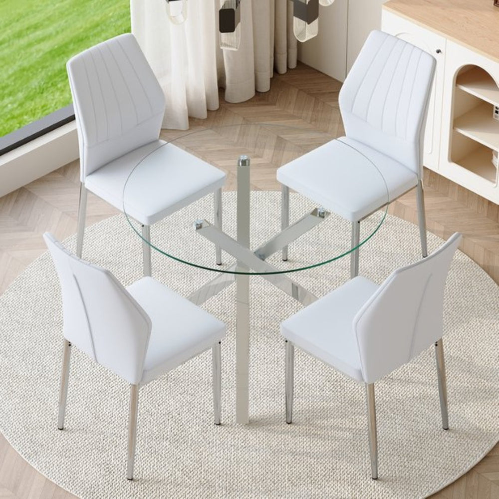 English Elm Table and Chair Set Round Glass Top X Base with Four Ergonomic Pu Seats for Modern Dining Transparent, White+Silver W1151S04424