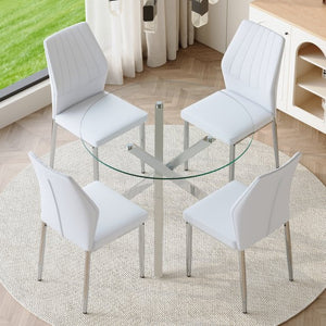 English Elm Table and Chair Set Round Glass Top X Base with Four Ergonomic Pu Seats for Modern Dining Transparent, White+Silver W1151S04424