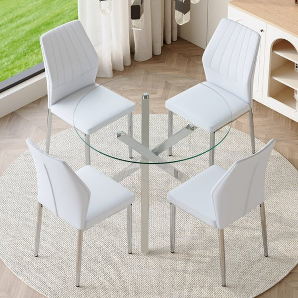 English Elm Table and Chair Set Round Glass Top X Base with Four Ergonomic Pu Seats for Modern Dining Transparent, White+Silver W1151S04424