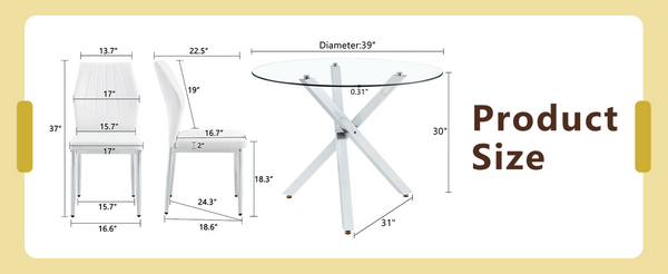 English Elm Table and Chair Set Round Glass Top X Base with Four Ergonomic Pu Seats for Modern Dining Transparent, White+Silver W1151S04424