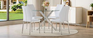 English Elm Table and Chair Set Round Glass Top X Base with Four Ergonomic Pu Seats for Modern Dining Transparent, White+Silver W1151S04424