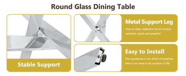 English Elm Table and Chair Set Round Glass Top X Base with Four Ergonomic Pu Seats for Modern Dining Transparent, White+Silver W1151S04424