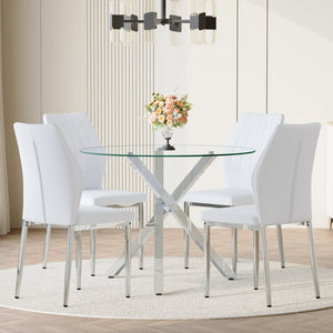English Elm Table and Chair Set Round Glass Top X Base with Four Ergonomic Pu Seats for Modern Dining Transparent, White+Silver W1151S04424