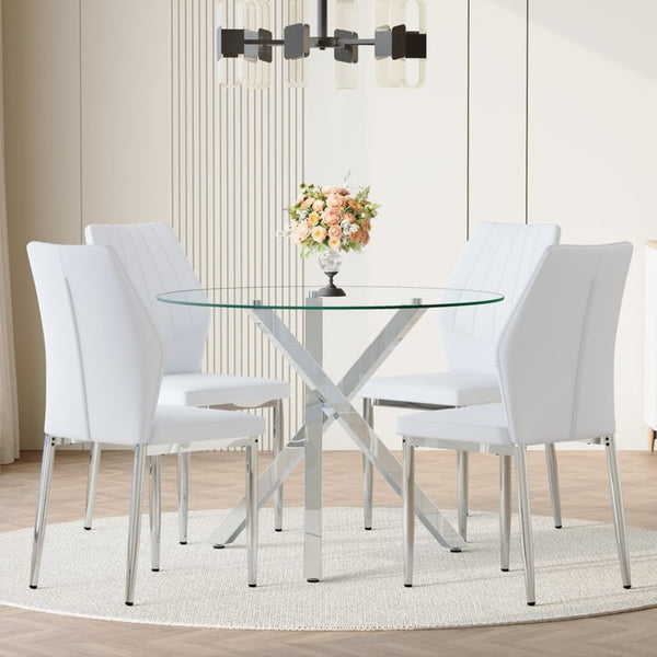 English Elm Table and Chair Set Round Glass Top X Base with Four Ergonomic Pu Seats for Modern Dining Transparent, White+Silver W1151S04424