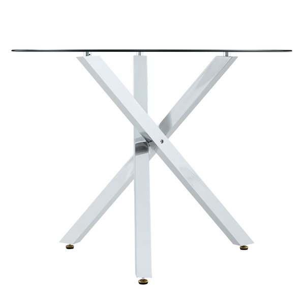 English Elm Table and Chair Set Round Glass Top X Base with Four Ergonomic Pu Seats for Modern Dining Transparent, White+Silver W1151S04424