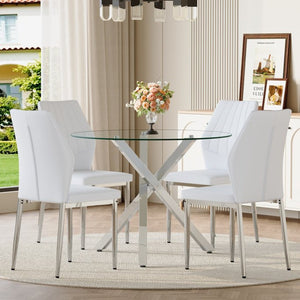 English Elm Table and Chair Set Round Glass Top X Base with Four Ergonomic Pu Seats for Modern Dining Transparent, White+Silver W1151S04424