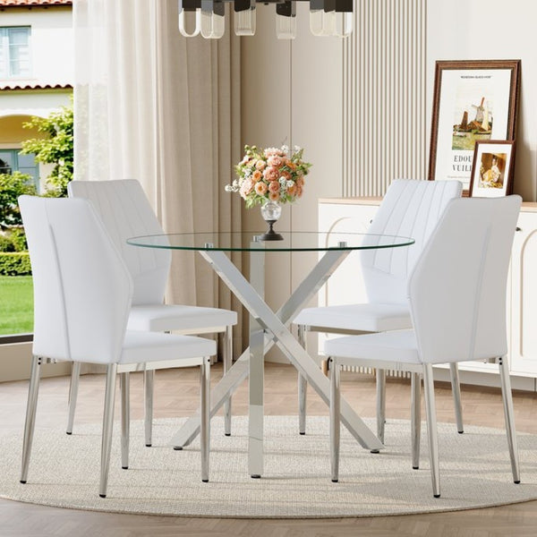 English Elm Table and Chair Set Round Glass Top X Base with Four Ergonomic Pu Seats for Modern Dining Transparent, White+Silver W1151S04424