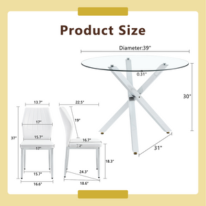 English Elm Table and Chair Set Round Glass Top X Base with Four Ergonomic Pu Seats for Modern Dining Transparent, White+Silver W1151S04424
