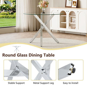 English Elm Table and Chair Set Round Glass Top X Base with Four Ergonomic Pu Seats for Modern Dining Transparent, White+Silver W1151S04424