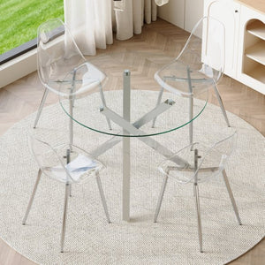 English Elm Table and Chair Set Round Tempered Glass Top with Silver X Base for Modern Dining W1151S04426