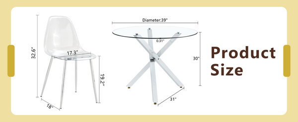 English Elm Table and Chair Set Round Tempered Glass Top with Silver X Base for Modern Dining W1151S04426