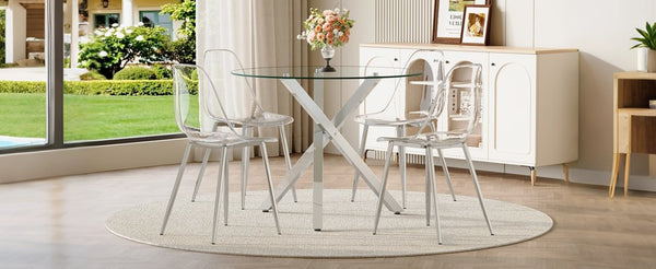 English Elm Table and Chair Set Round Tempered Glass Top with Silver X Base for Modern Dining W1151S04426