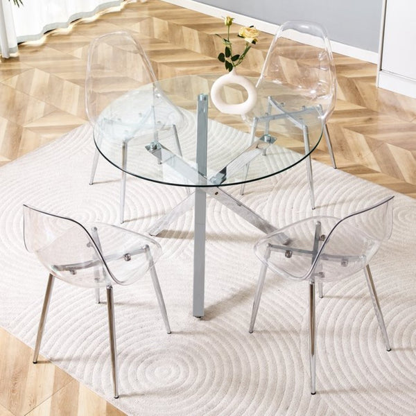 English Elm Table and Chair Set Round Tempered Glass Top with Silver X Base for Modern Dining W1151S04426