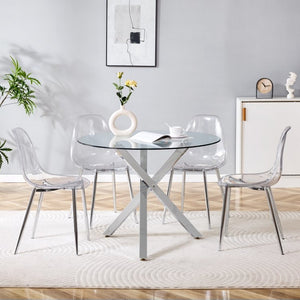English Elm Table and Chair Set Round Tempered Glass Top with Silver X Base for Modern Dining W1151S04426