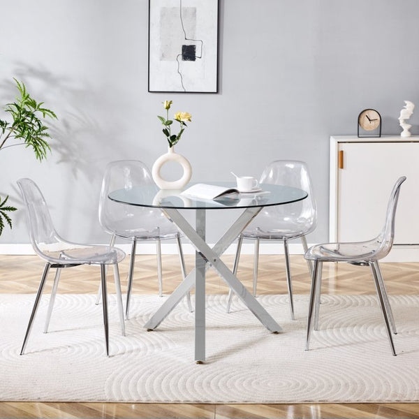 English Elm Table and Chair Set Round Tempered Glass Top with Silver X Base for Modern Dining W1151S04426